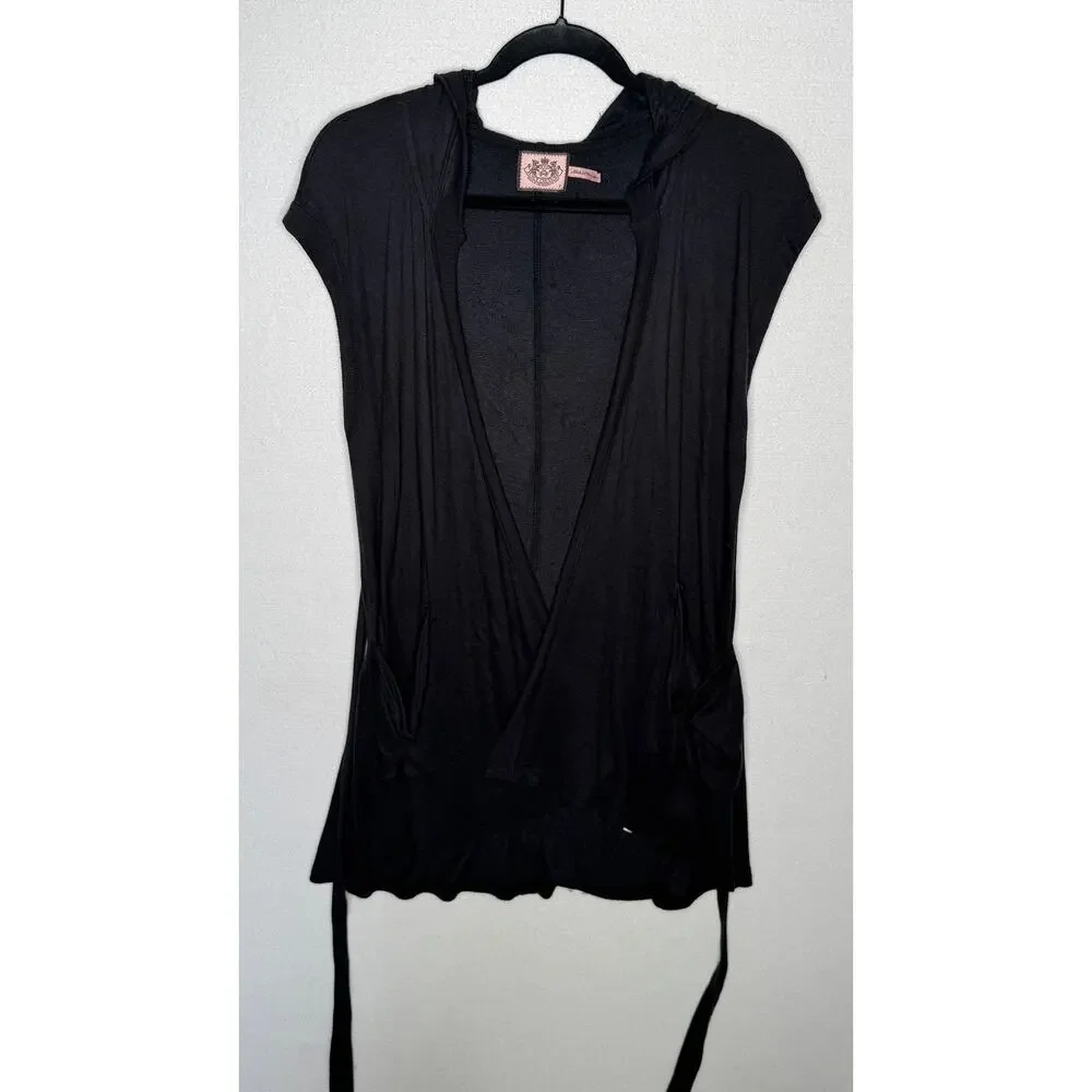 Late 2000s Y2K Juicy Couture Black Terry Hooded Cardigan Petite XS